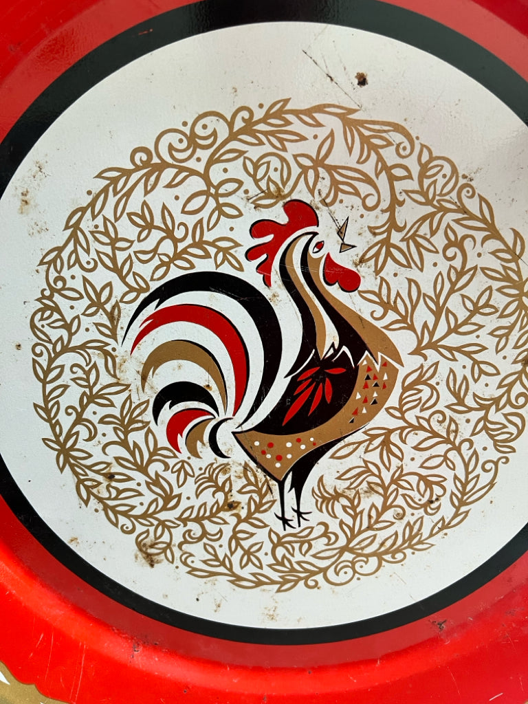 Large round metal rooster serving tray