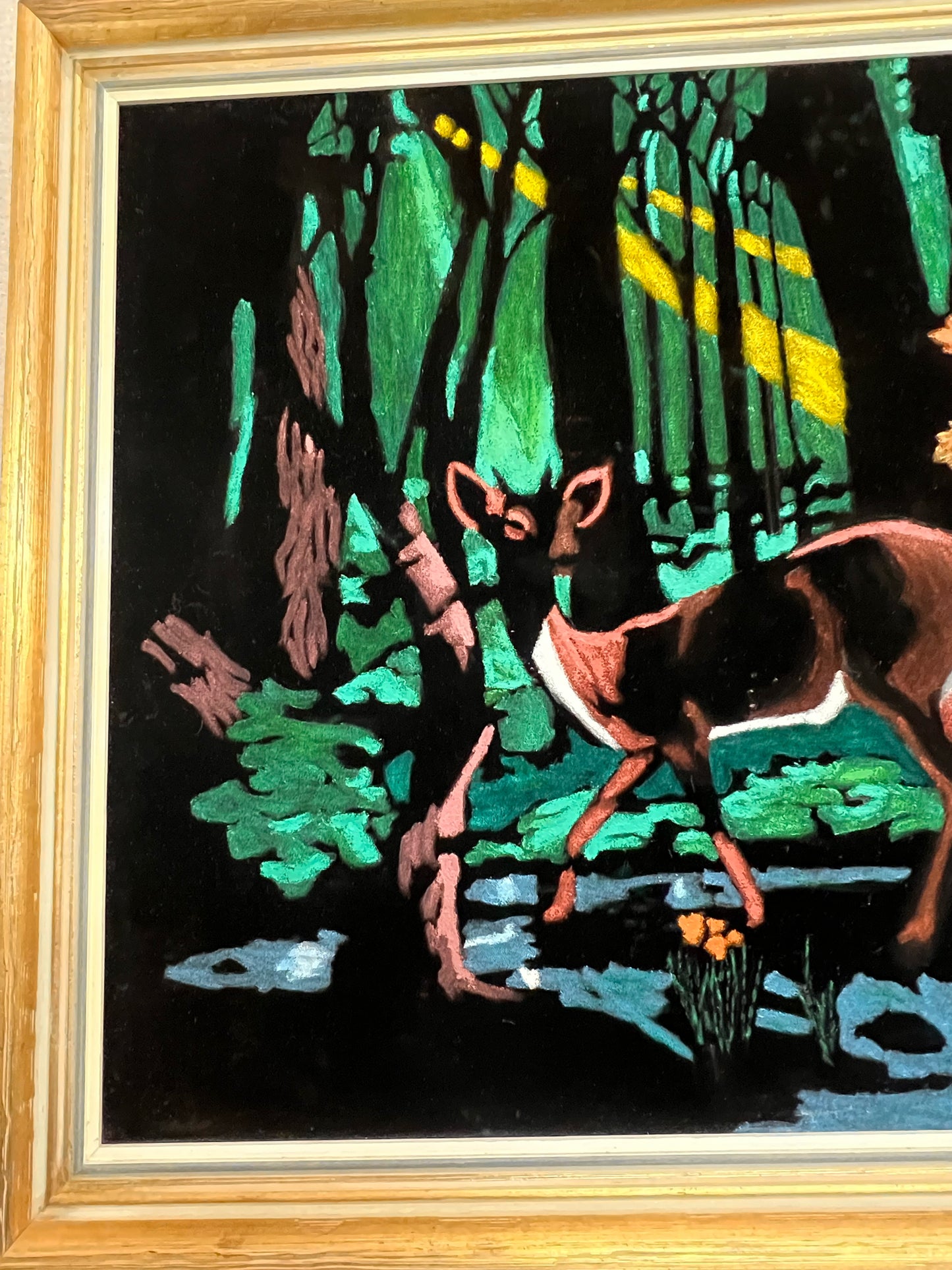 Vintage Paint By Numbers Deer on Black Velvet Framed Painting