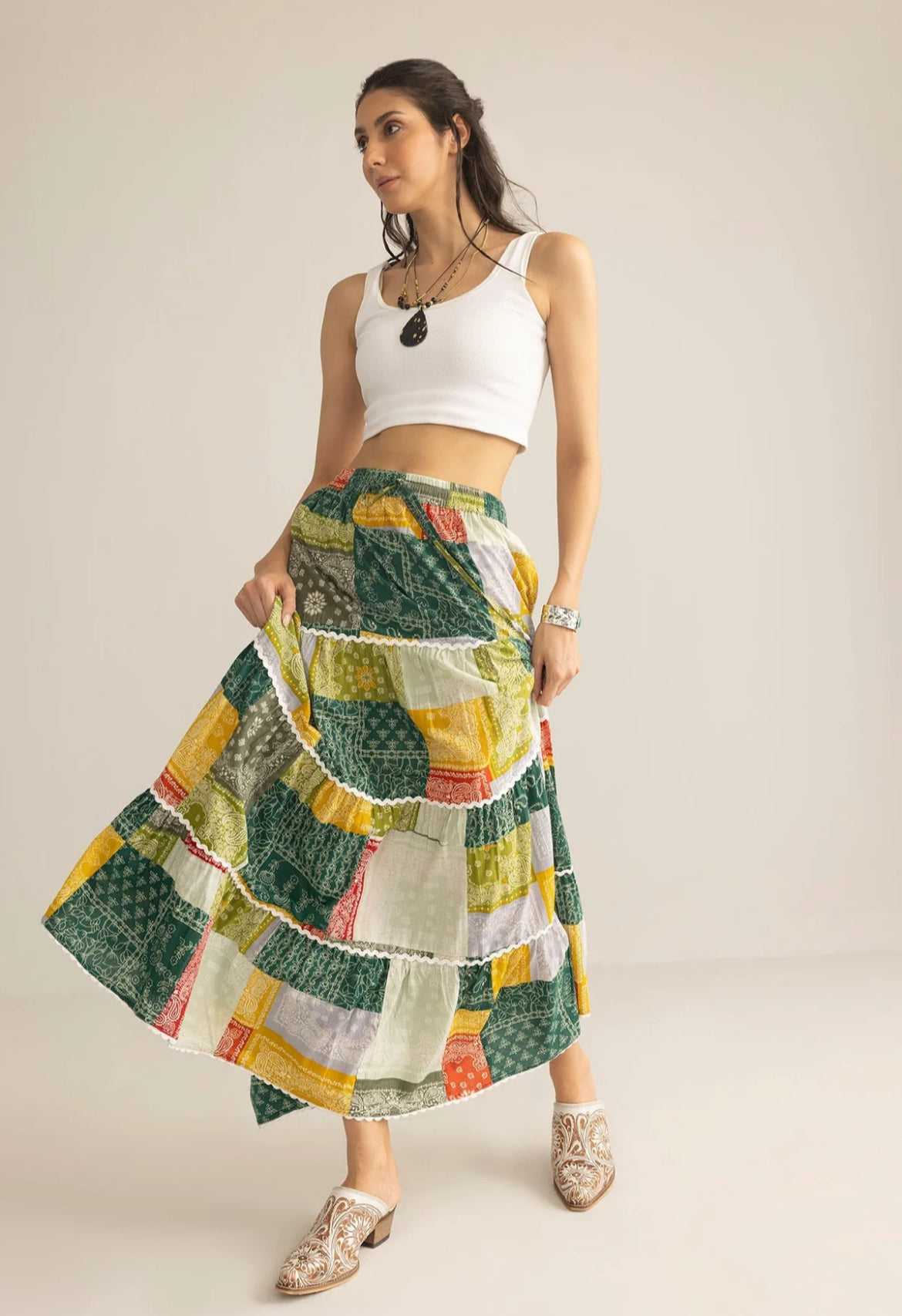 Junebug Patchwork Maxi Skirt in Green Multicolor Sizes S - XXXL