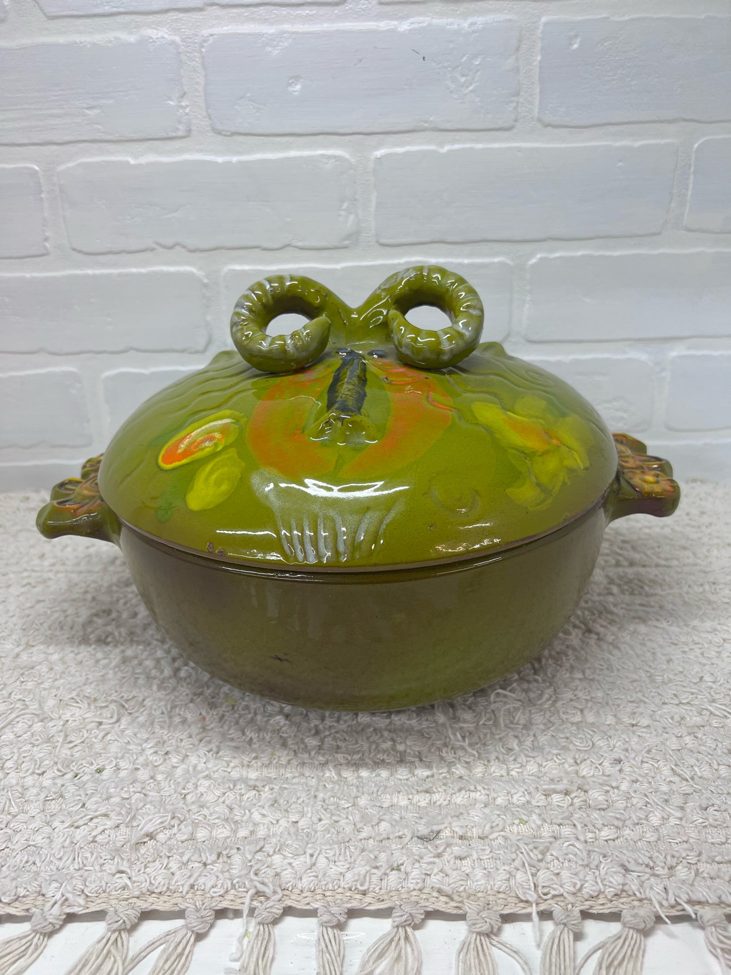 Pacific Stoneware 1970's Floral Rams Head Capricorn Casserole