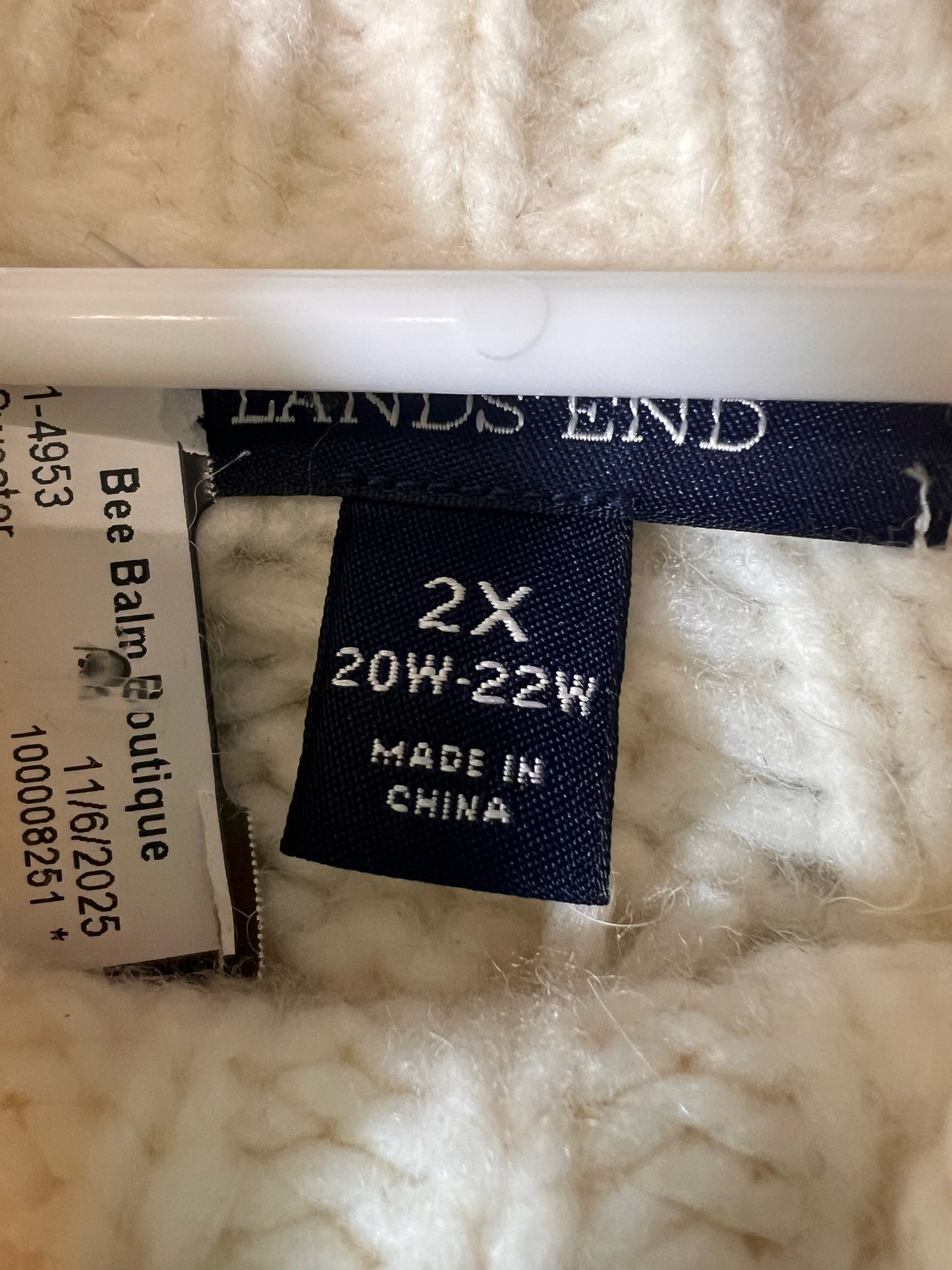 Size 2X Land's End White Cable Knit Sweater Wool/Alpaca Blend