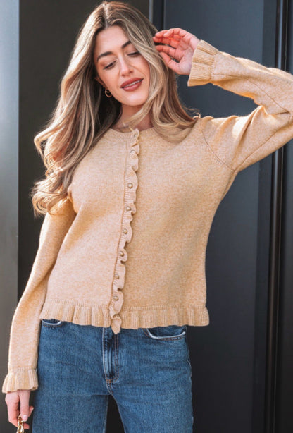 Oatmeal Ruffle Trim Gold Button Cardigan Sweater