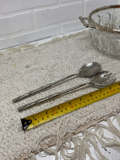 Vintage Cut Glass Serving Bowl w/ Silver Plated Trim and Serving Utensils