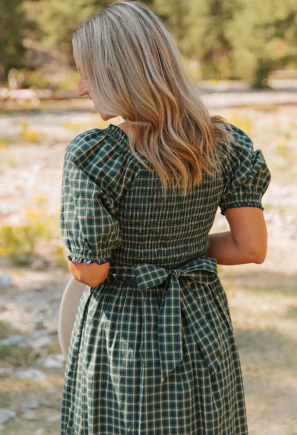 Green Plaid Square Neck Shirred High Wast Dress w/ Ruffle Hem