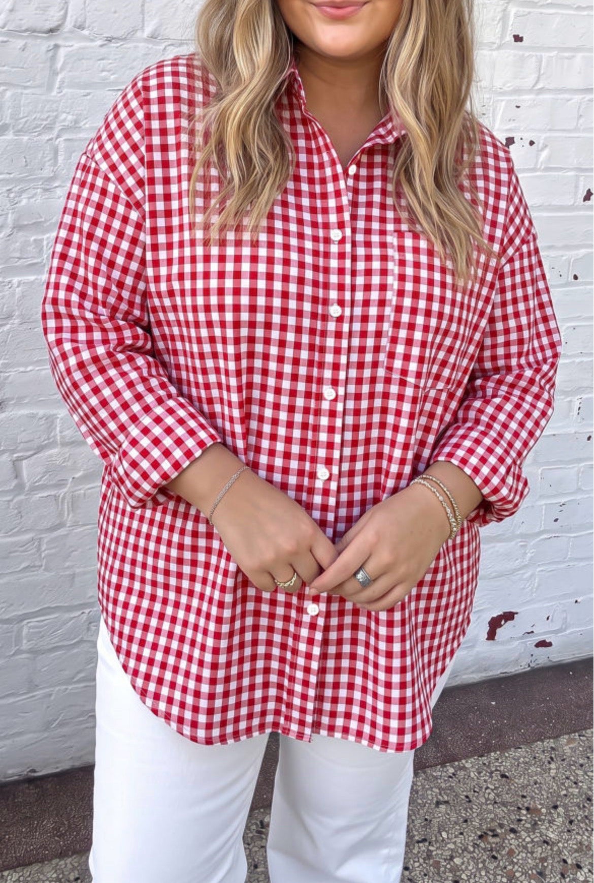 Red Plaid Button Down Tunic Top