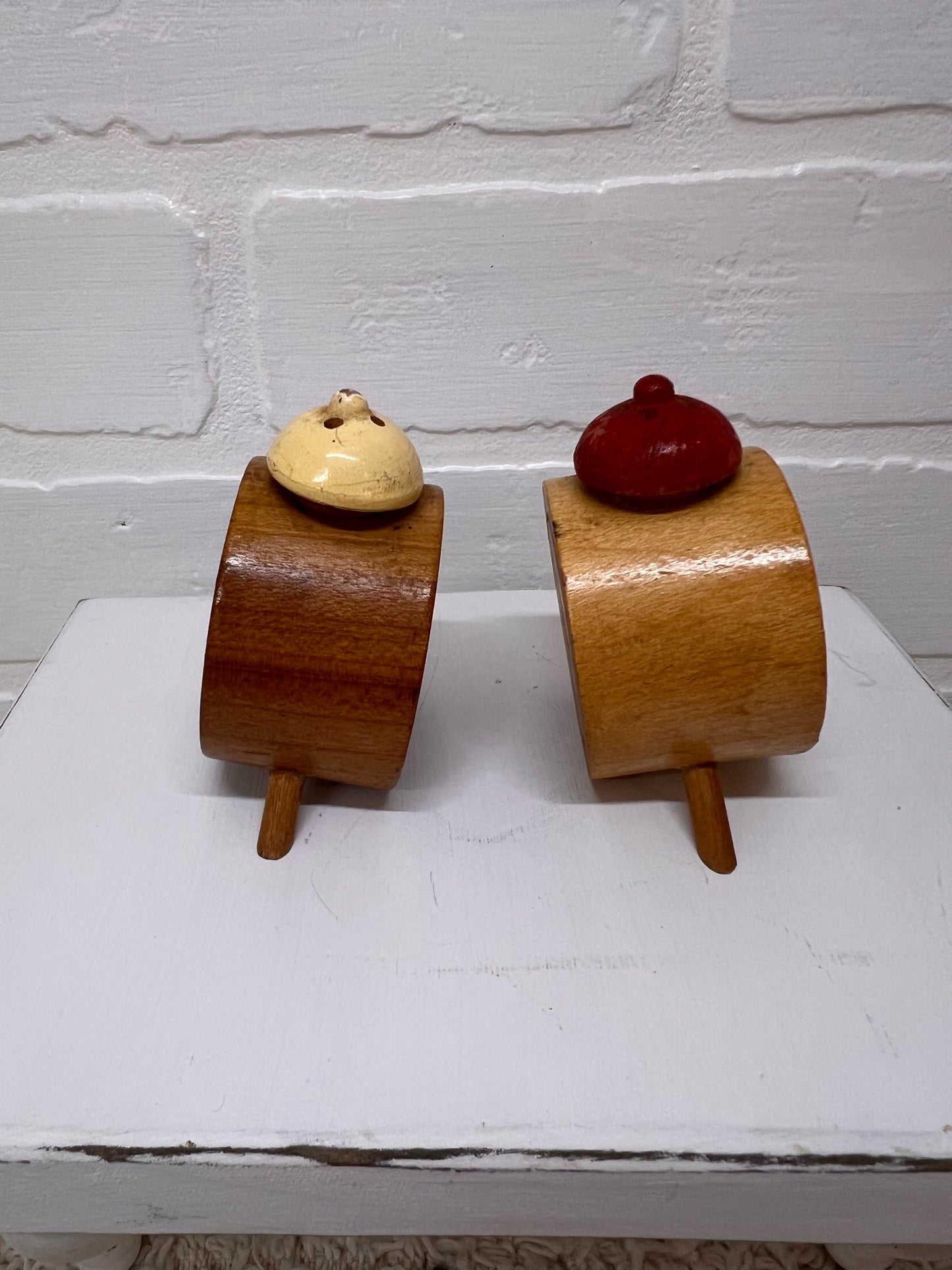 Vintage Anthropomorphic Alarm Clock Wooden Salt & Pepper Shakers