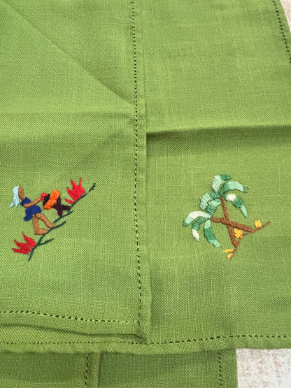 Vintage Mid-Century Embroidered Napkin Souvenir Set -Green Embroidered