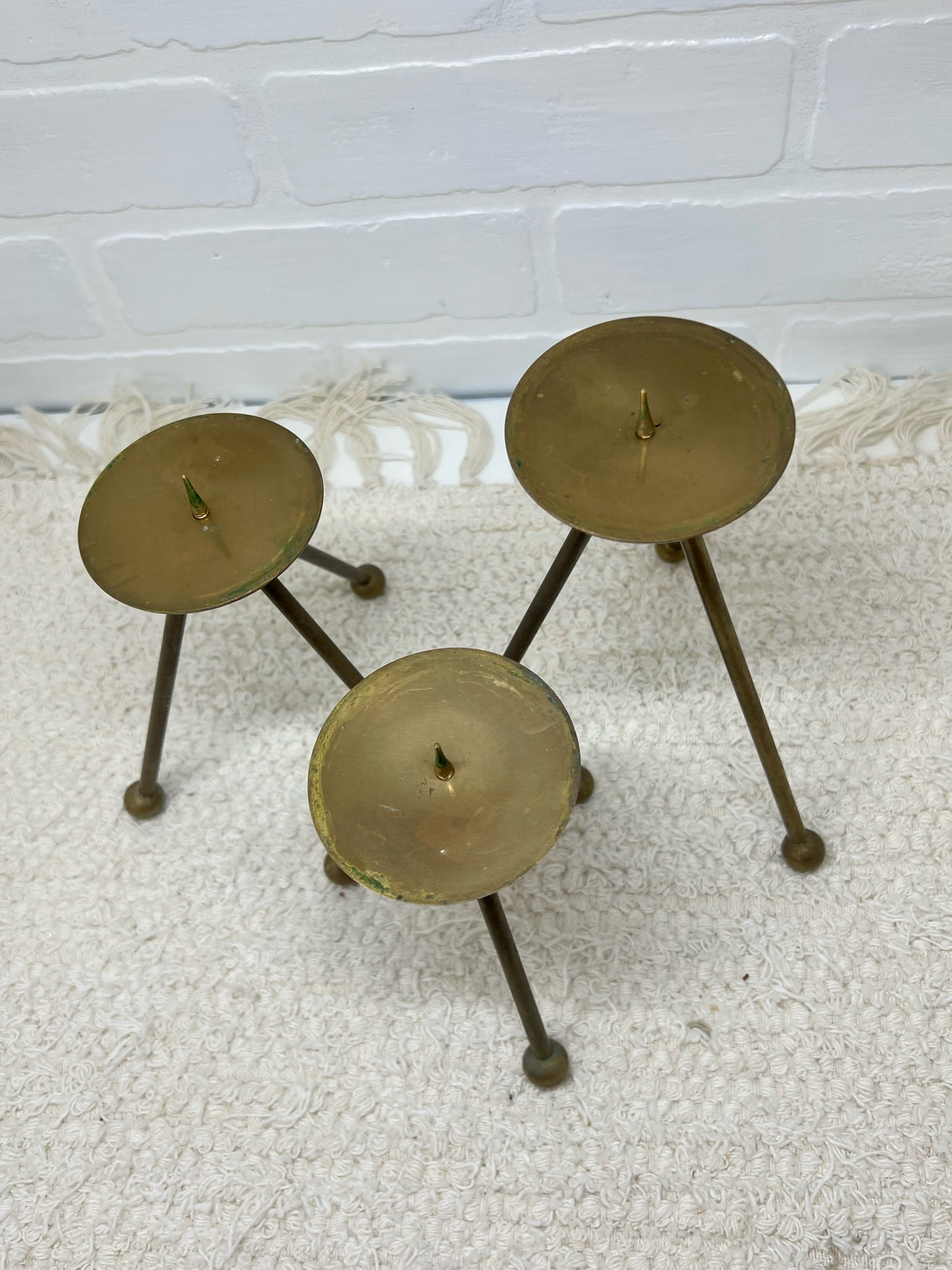 Trio of brass atomic candle holders MCM