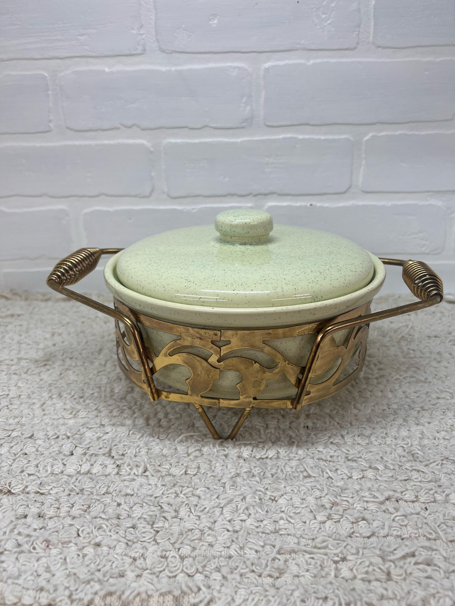 California Pottery MCM Mint Green Speckled Lidded Casserole Dish in Brass Caddy