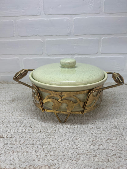 California Pottery MCM Mint Green Speckled Lidded Casserole Dish in Brass Caddy