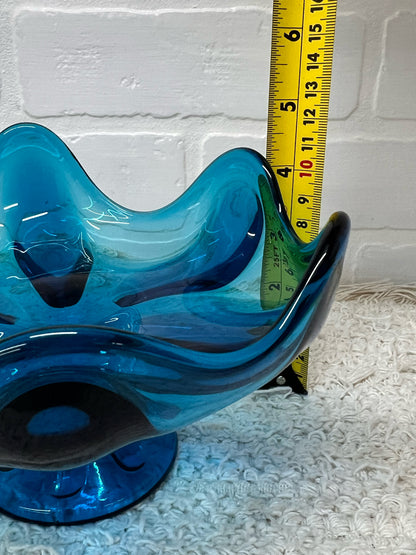 Viking Glass MCM Six Petal Blue Compote Pedastal Bowl