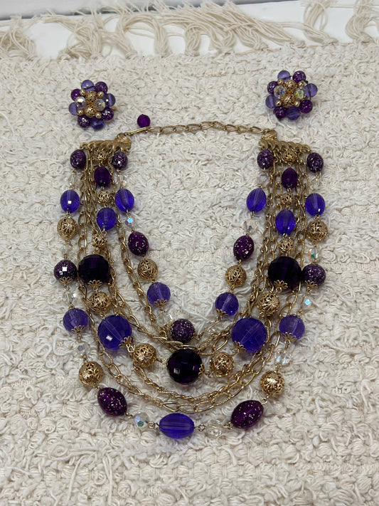 Purple Lucite and goldtone necklace and earrings set
