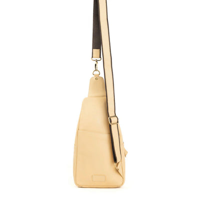 Myra Glorietta Sling Bag – Light Camel Leather with Hand-Tooled Panel, Adjustable Canvas Strap, Crossbody Sling