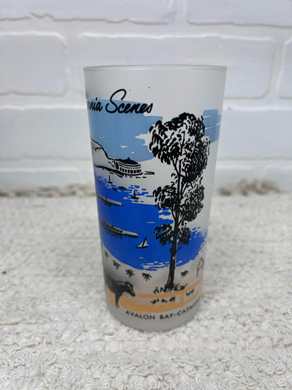Vintage California Scenes Frosted Glasses Set of 8 Original Wire Carrier MCM Bar