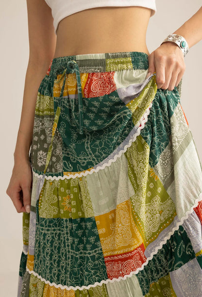 Junebug Patchwork Maxi Skirt in Green Multicolor Sizes S - XXXL