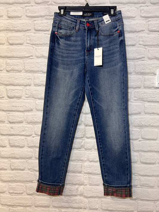Judy Blue Mid-Rise Boyfriend Fit With  Plaid Cuffs