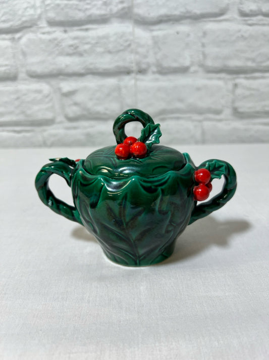 Lefton holly Christmas green sugar bowl