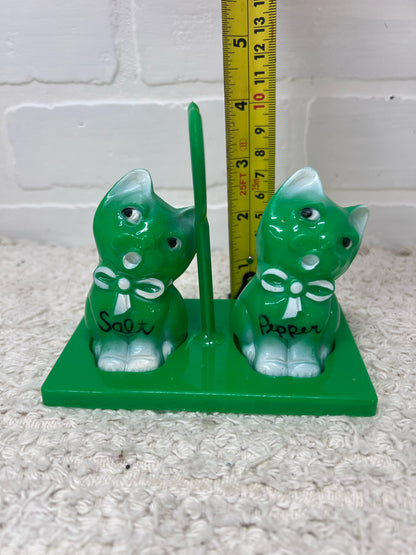Green Plastic Kitty Vintage Salt & Pepper Shakers w/ Original Stand
