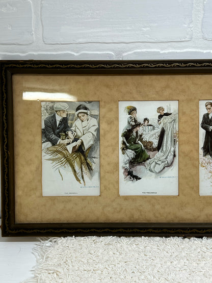Framed vintage 'Six Stages of Love' postcard series