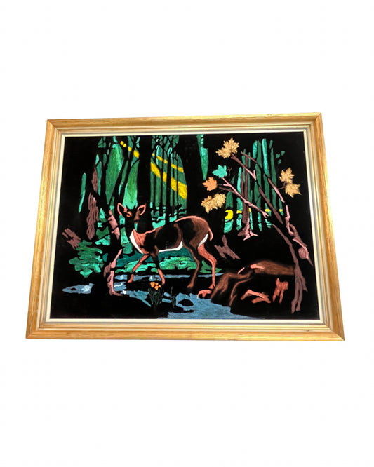 Vintage Paint By Numbers Deer on Black Velvet Framed Painting