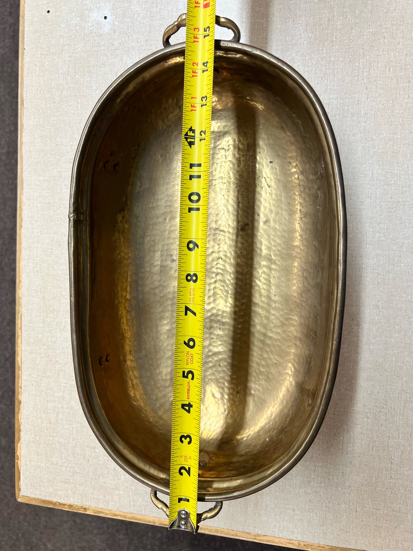 Footed hammered brass shallow oval planter