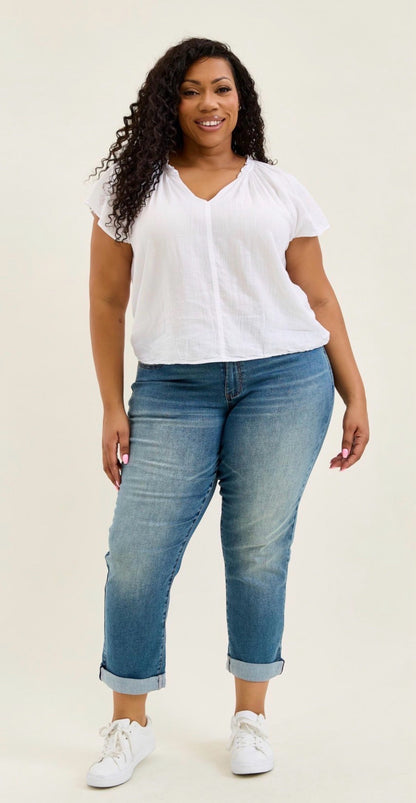 Judy Blue Mid Rise Boyfriend Jeans with Cool Denim Sorbtek Fabric & Crossback Belt Loops – Style 881089