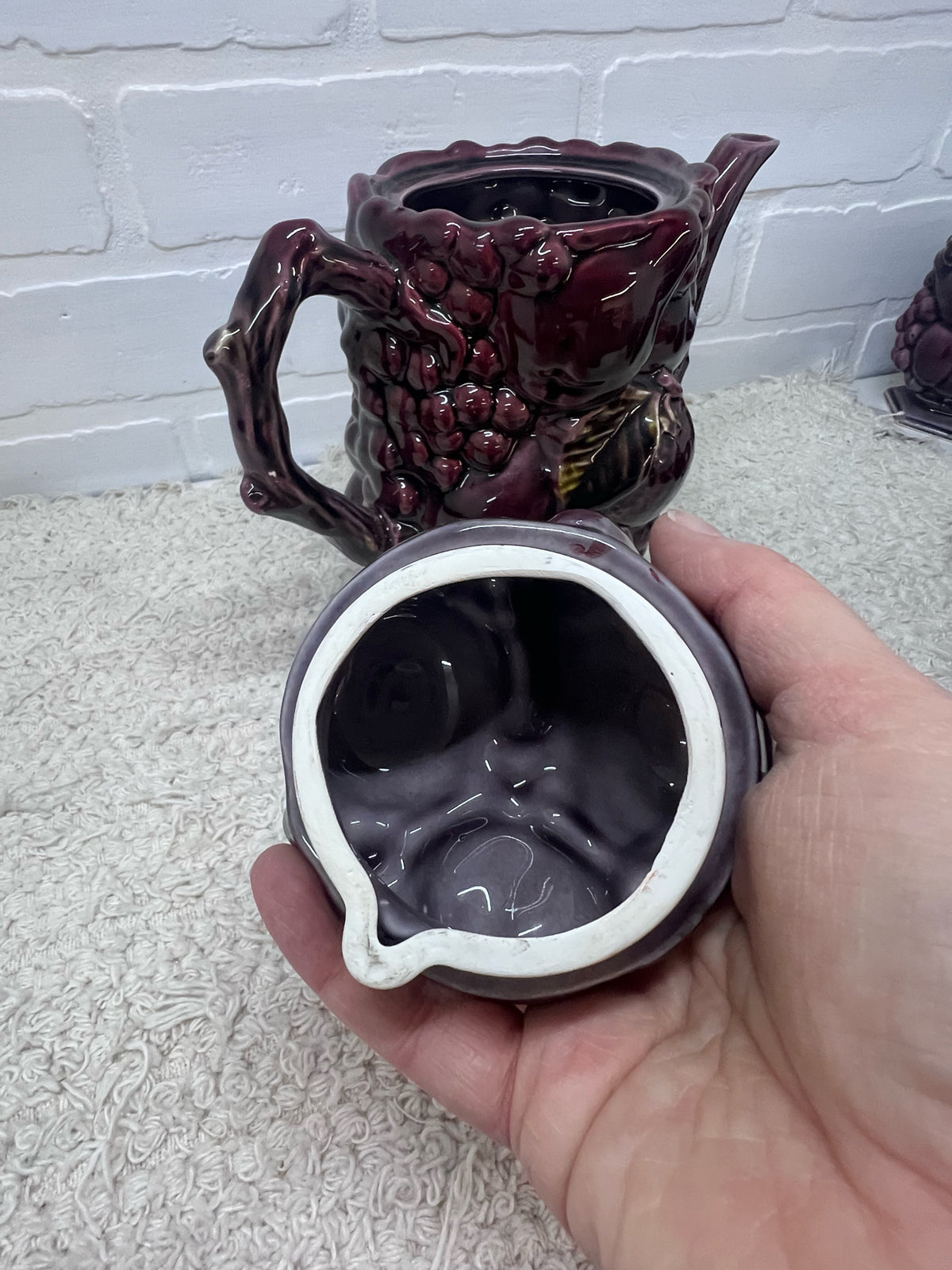 Inarco "Cool Claret" Plum Colored Ceramic Coffee Pot w/ 4 Mugs Circa 1960's