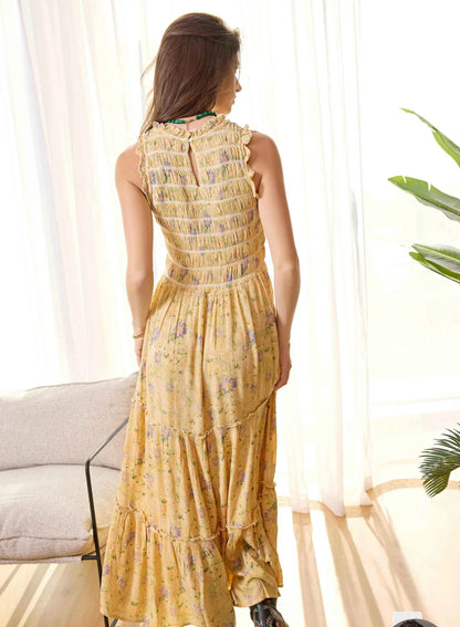 Bohera Summertrace Floral Smocked Sleeve Maxi Dress in Pale Yellow