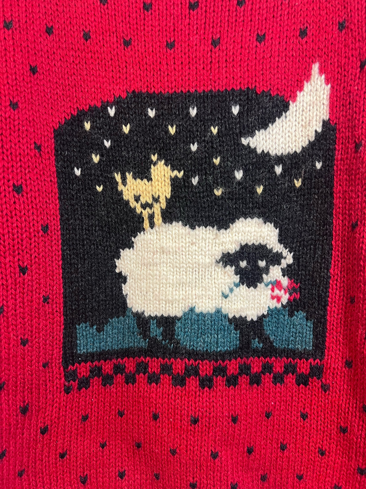 Size L Vintage 1980s Woolrich Red Wool Sweater w/ Sheet, Chicken & Moon Design