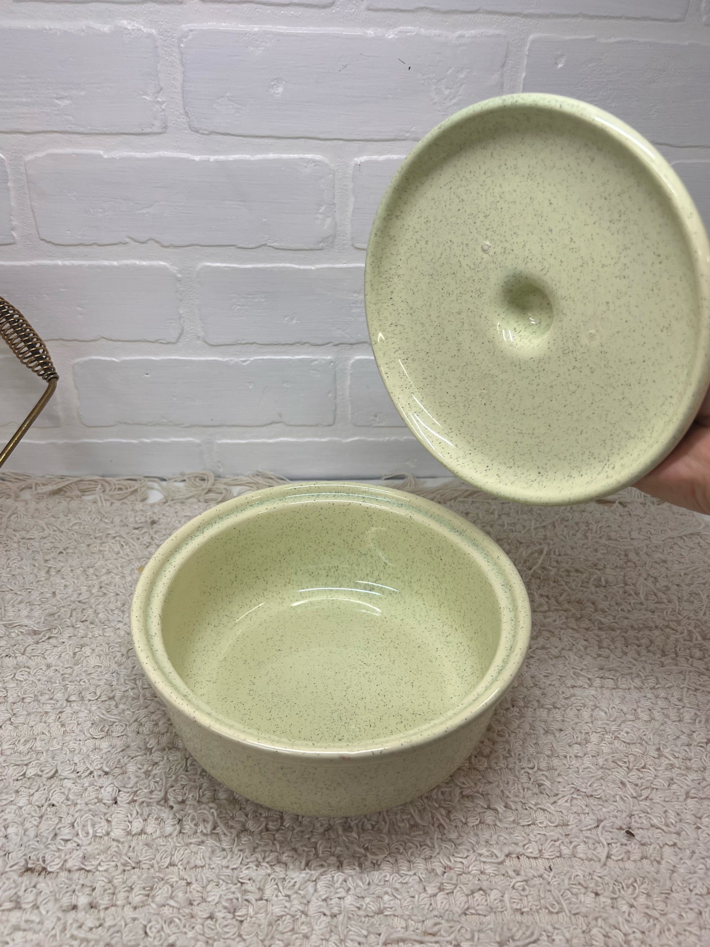 California Pottery MCM Mint Green Speckled Lidded Casserole Dish in Brass Caddy