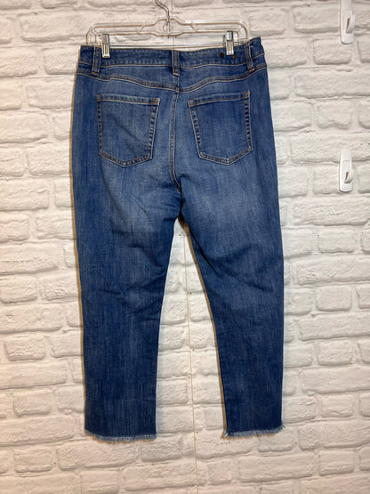 CAbi Size 8 High Rise Cropped Straight Leg Jeans, Distressed
