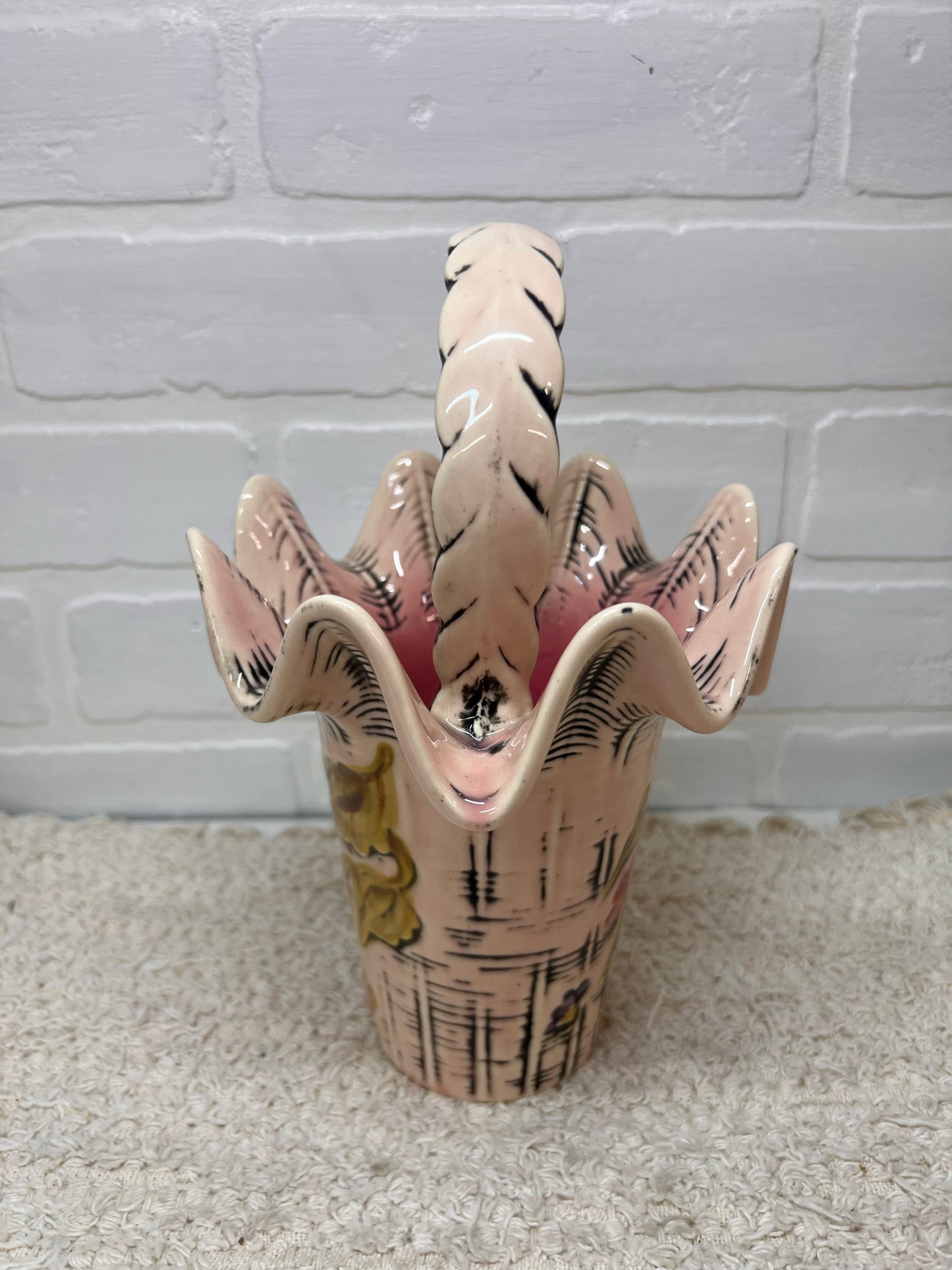 Hull Pottery 1950's 'Flite' T4 Pink Basket Vase