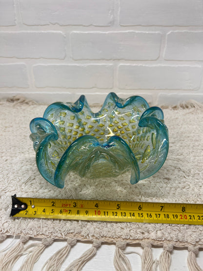 Murano/Murano Style Bollinato Blue & Gold Art Glass Bowl