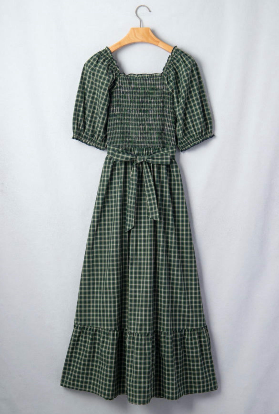Green Plaid Square Neck Shirred High Wast Dress w/ Ruffle Hem