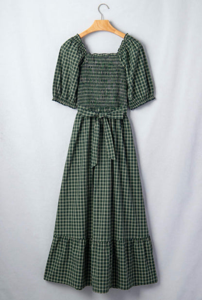 Green Plaid Square Neck Shirred High Wast Dress w/ Ruffle Hem