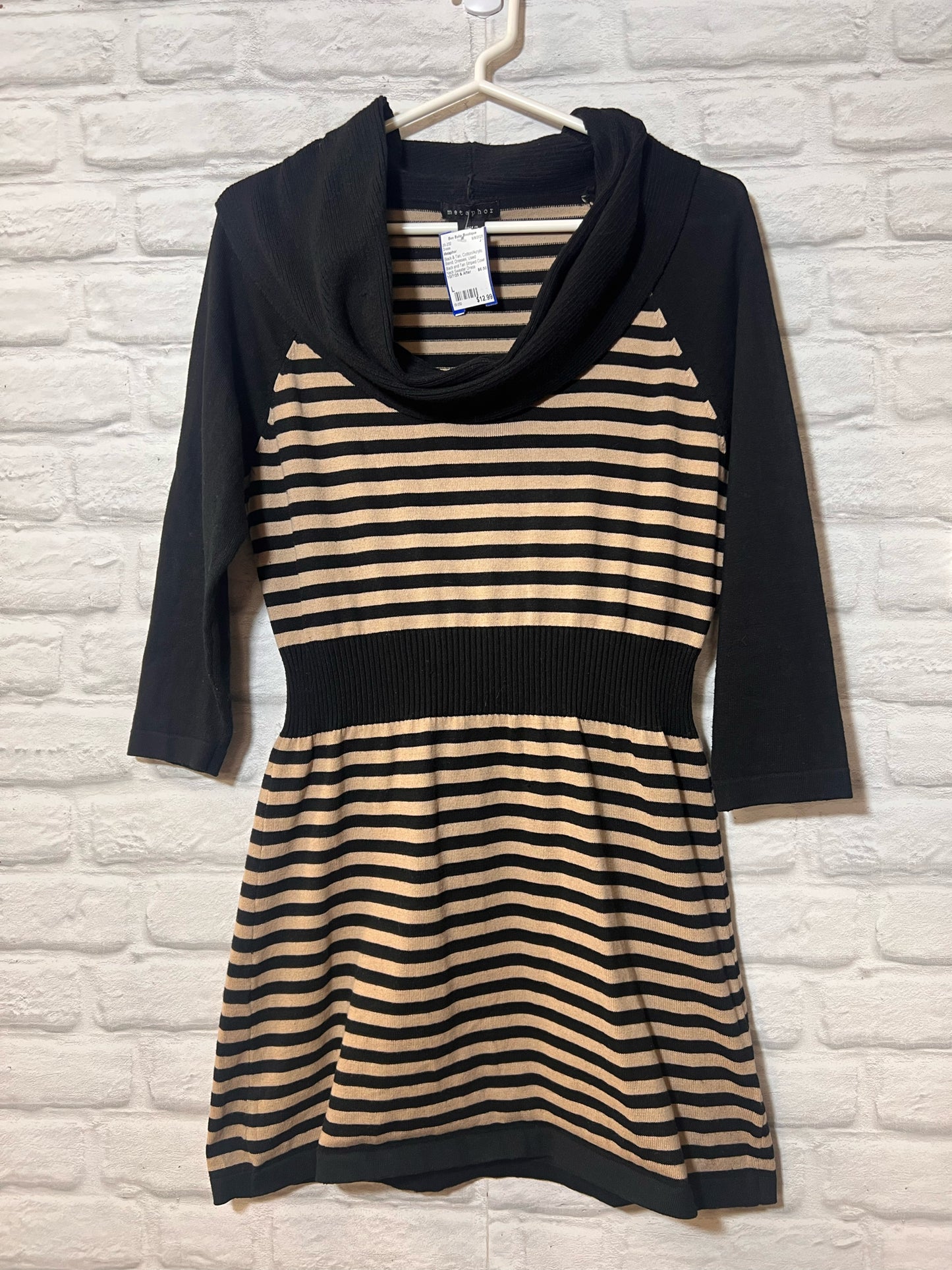 Black and Tan Striped Cowl Neck Sweater Dress