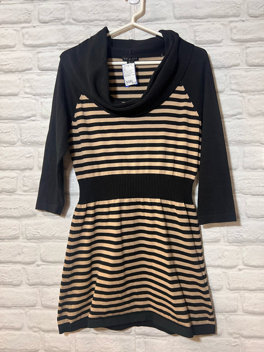 Black and Tan Striped Cowl Neck Sweater Dress