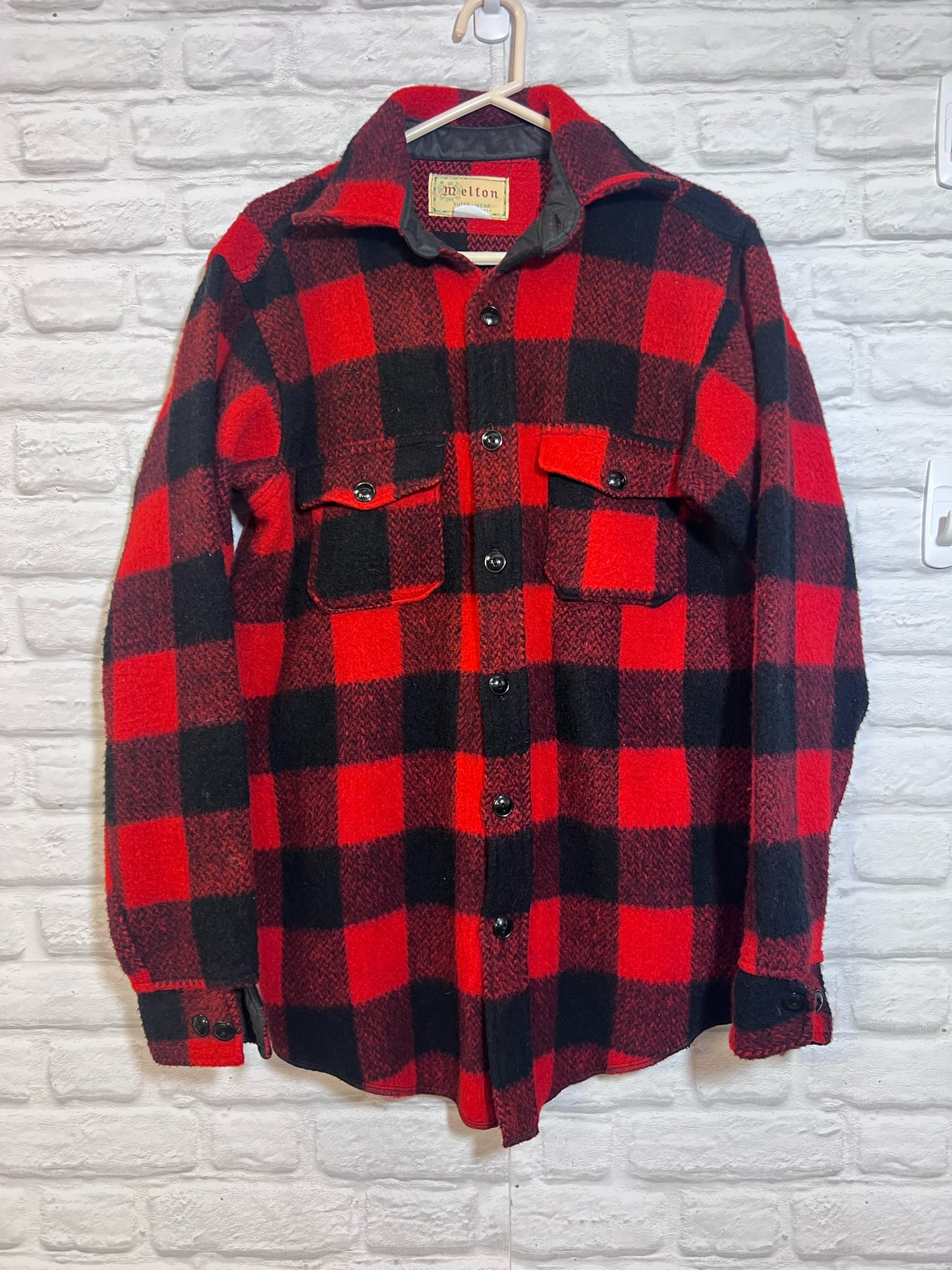 Melton Circa 1970's Buffalo Check Red & Black Wool Jacket Size Medium/Tall