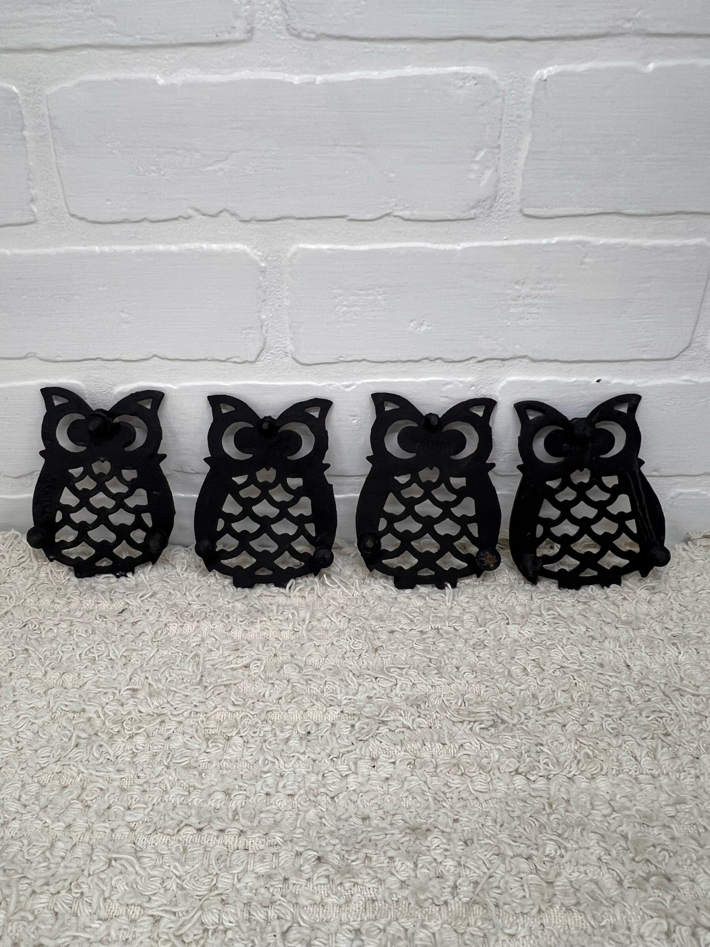 Vintage Metal Owl Trivet Set - Four 4 inch owls