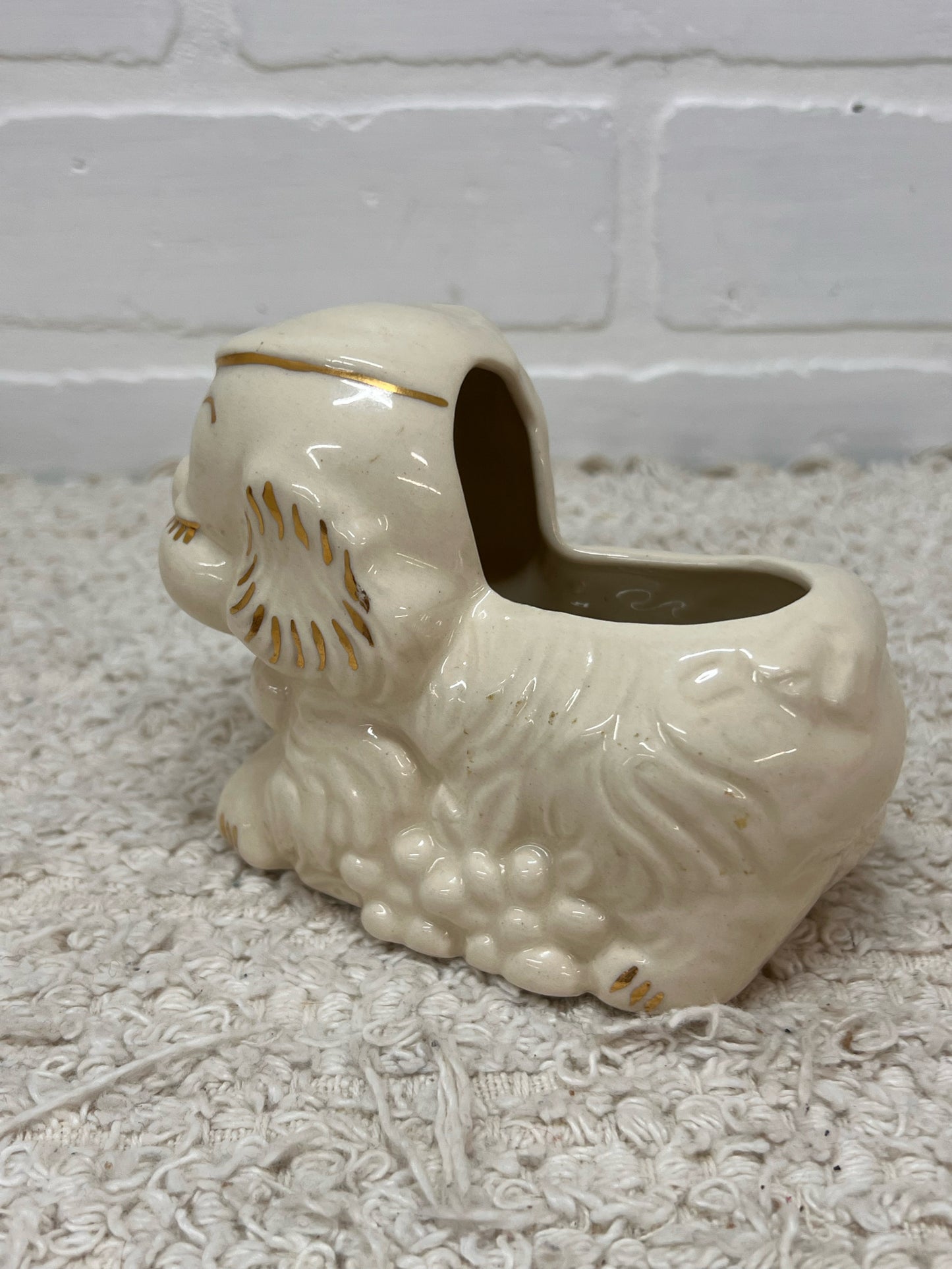 Vintage Sleeping Puppy Planter in Gold & White