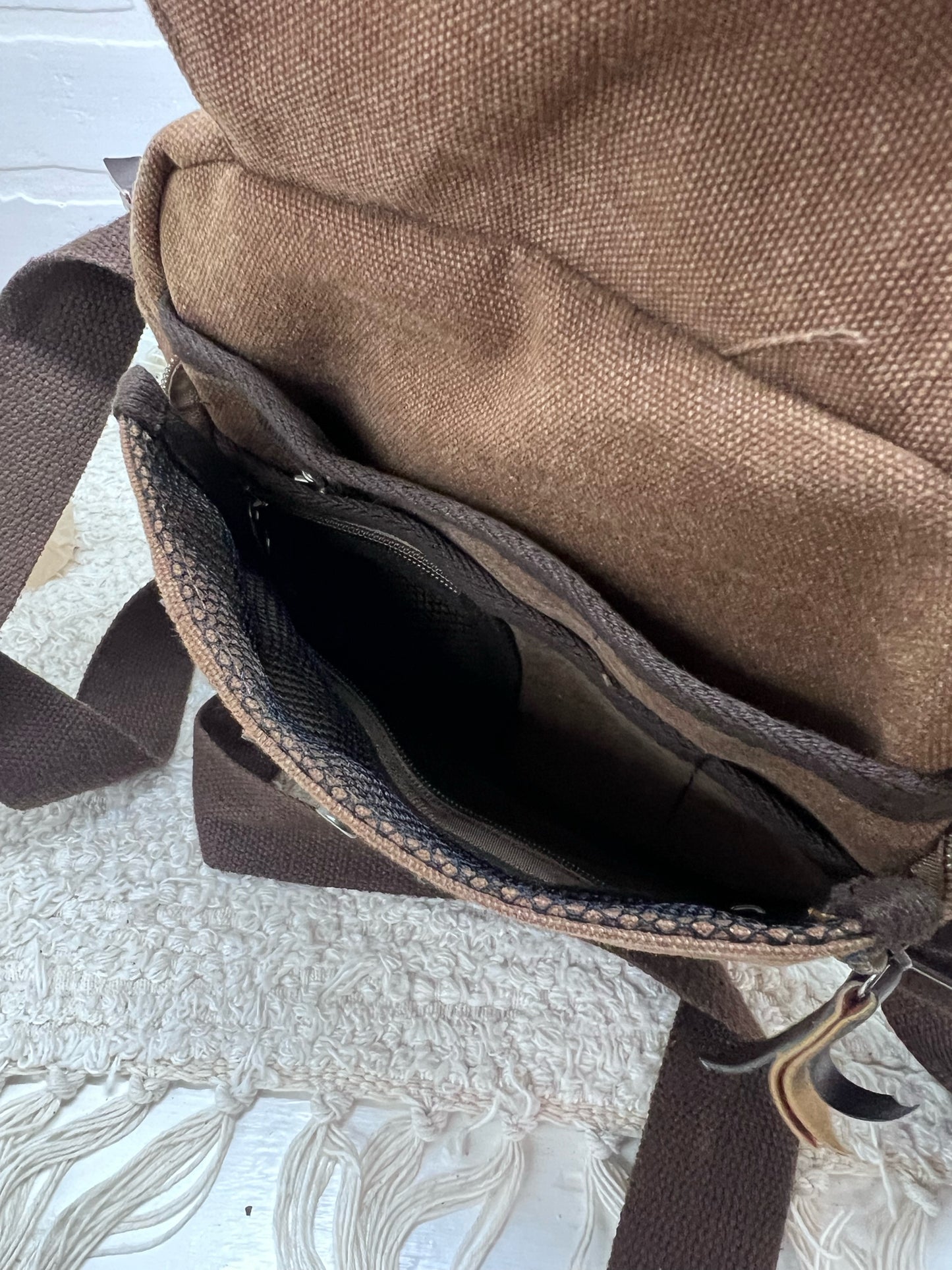 Harwish  Brown Canvas Square Crossbody Bag