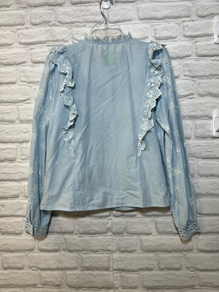 Size 44/XL Sezane pale blue snowflake eyelet lace blouse