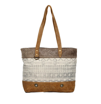 Myra Bag Oromos Canvas Tote Bag – Large Tribal Print Canvas & Leather Shoulder Bag with Hairon Detail, 18"x13", Women’s Boho Tote