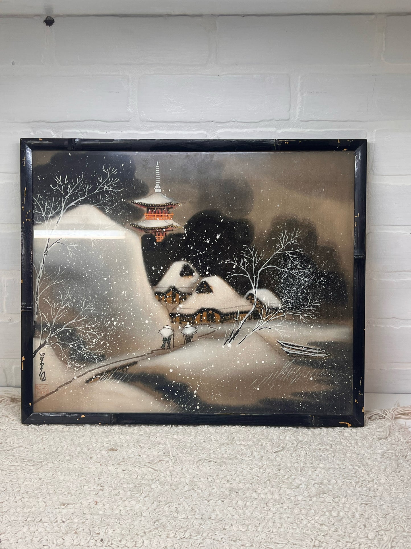 Vintage Framed Painting on Silk - Japanese Snowy Village Scene