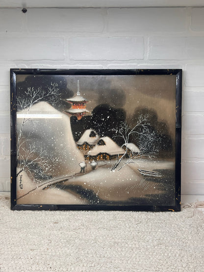 Vintage Framed Painting on Silk - Japanese Snowy Village Scene