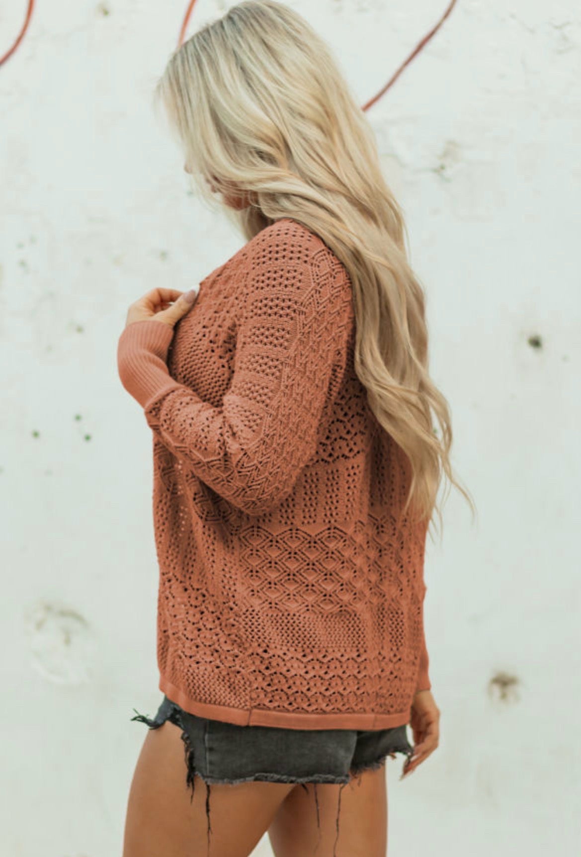 Redwood Burl Patterned Open Knit Cardigan Sweater