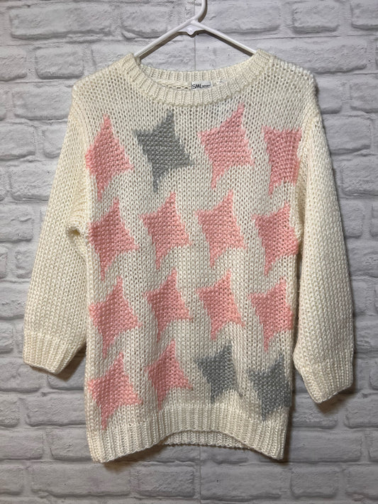 Vintage Acrylic Hand Knit Sweater White-Pink-Gray