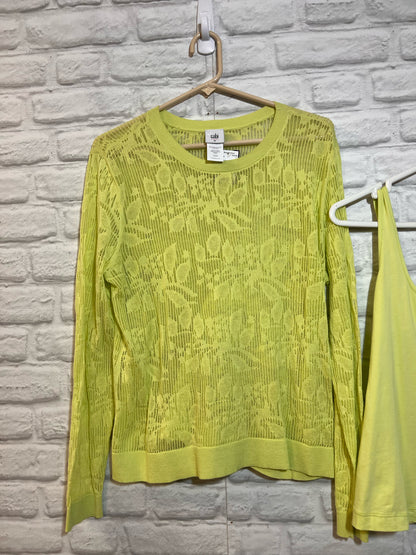 Size M CAbi Tank & Mesh Lace Long Sleeved Top in Neon Green