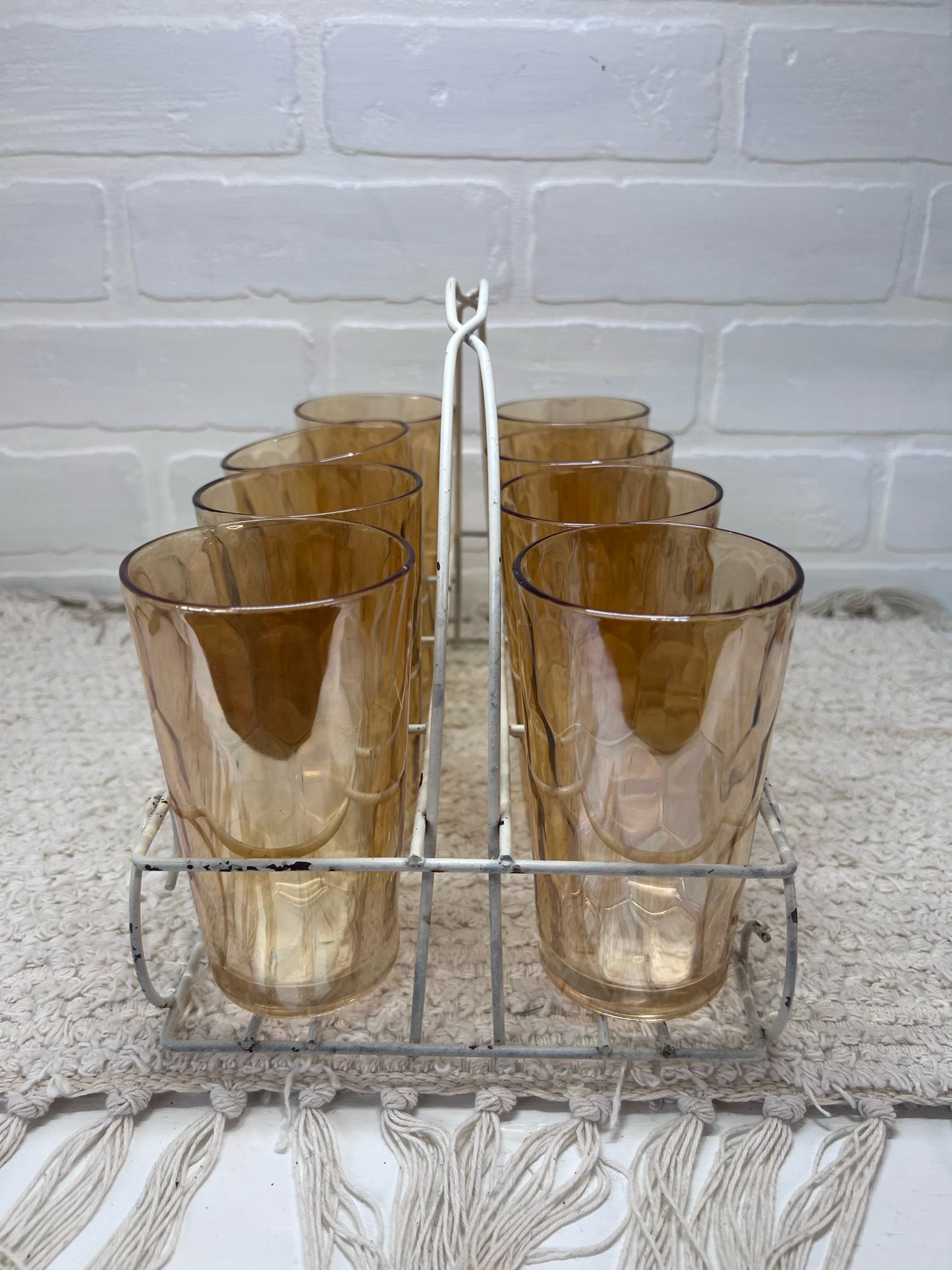 Jeannette Glass Glass set 8 orange glasses in caddy