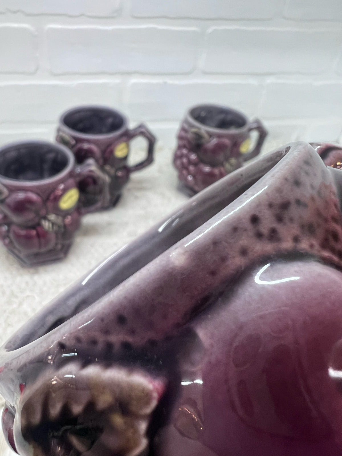 Inarco "Cool Claret" Plum Colored Ceramic Coffee Pot w/ 4 Mugs Circa 1960's